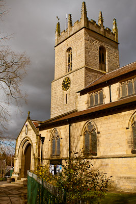 Clock tower of the Norman village church at Barlborough